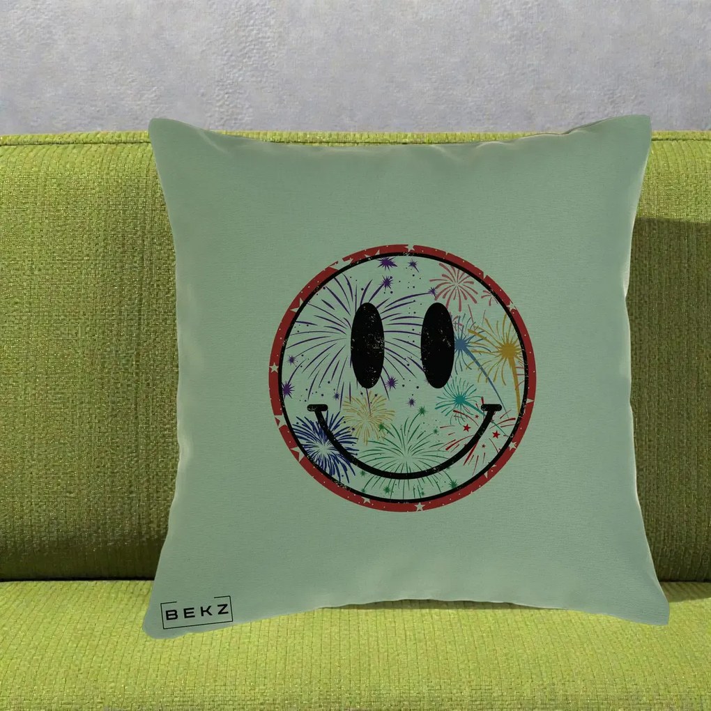 Perna decorativa Smiley Face cu Artificii Multicolore, 40x40 cm cu Umplutura, Verde, BEKZ