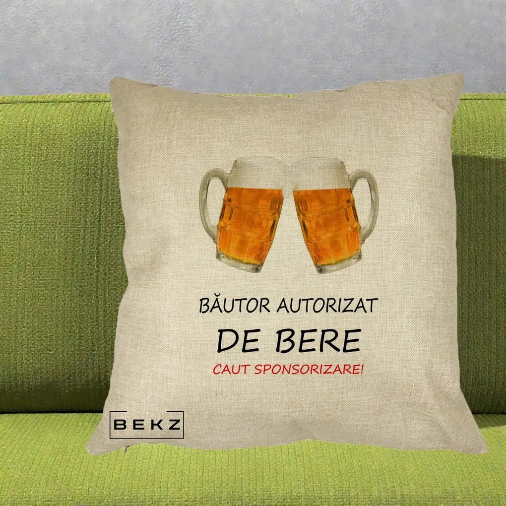 Perna Decorativa Bautor Autorizat de Bere, 40x40 cm, Crem, Husa Detasabila, Perna Inclusa, BEKZ®