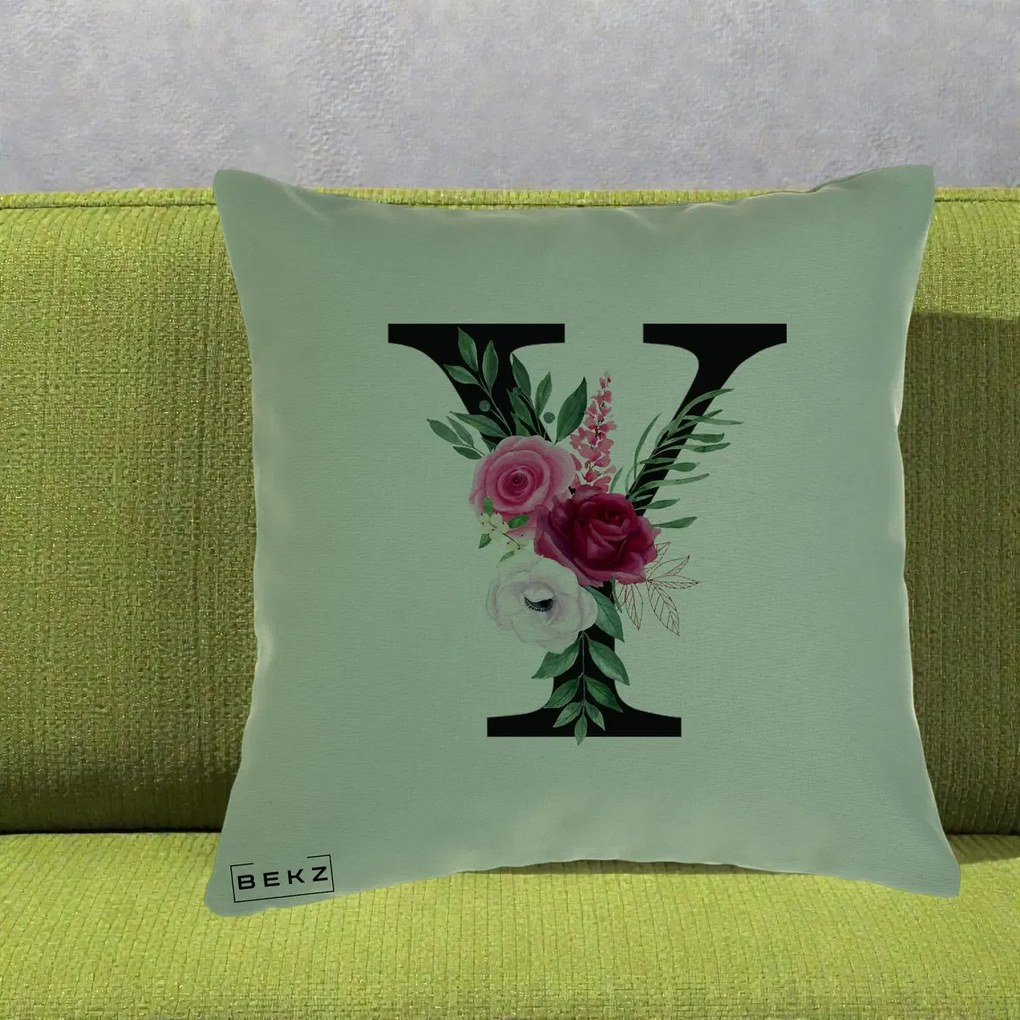 Cadou Personalizat - Perna Personalizata Monograma Florala Litera Y cu Buchet, 40x40 cm, Verde, Husa Detasabila, Perna Inclusa, BEKZ®