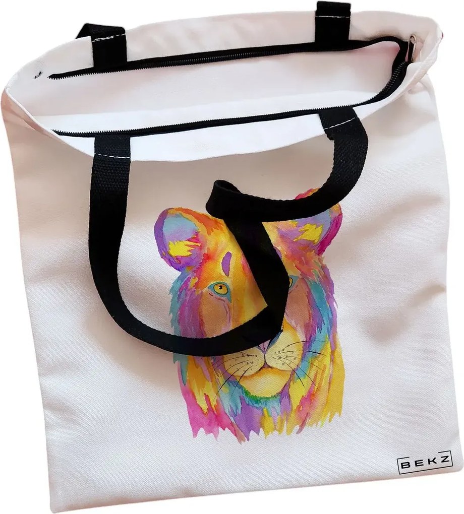 Sacosa de Panza pentru Cumparaturi, Geanta Tote, model Watercolor Lion, Cu fermoar, 38x34.5 cm, Alba, BEKZ®