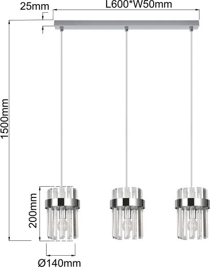 Lustră suspendată pe cablu VETRO, 3xE14/10W/230V, crom lucios