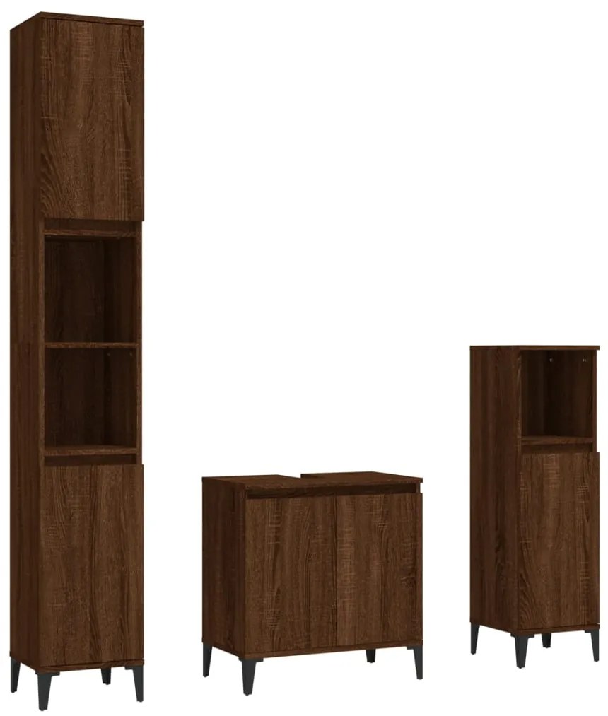 3185596 vidaXL Set mobilier de baie, 3 piese, stejar maro, lemn prelucrat