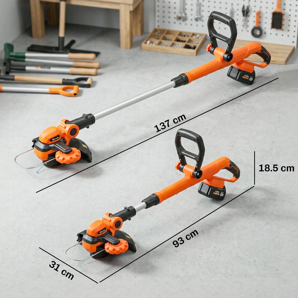 Outsunny Trimmer cu Acumulator 2-în-1, Tăietor de Iarbă 18V cu 2 Baterii de 4Ah, Încărcător, Tija Telescopică, Cap Înclinat, Mâner Reglabil, Tăiere 25cm, 8000 RPM, Ușor pentru Gazon și Grădină | Aosom Romania