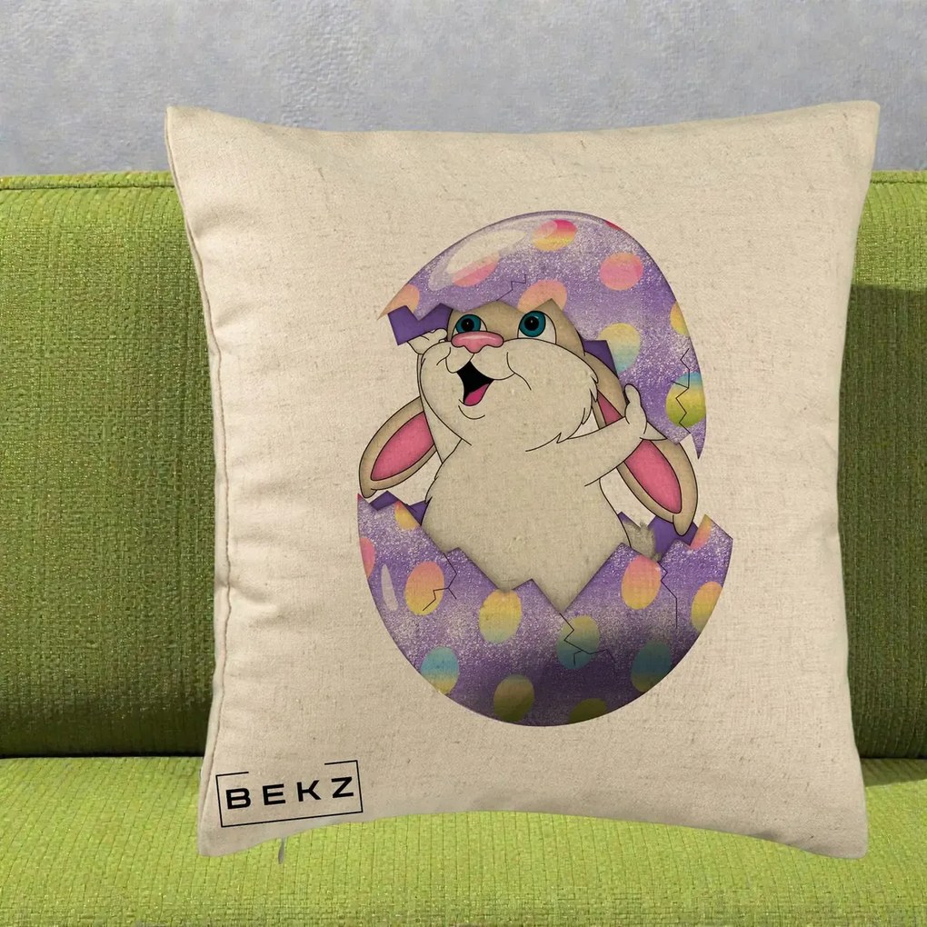 Perna Decorativa Iepuras din Ou de Pasti, 40x40 cm, Bej, Husa Detasabila, Perna Inclusa, BEKZ®