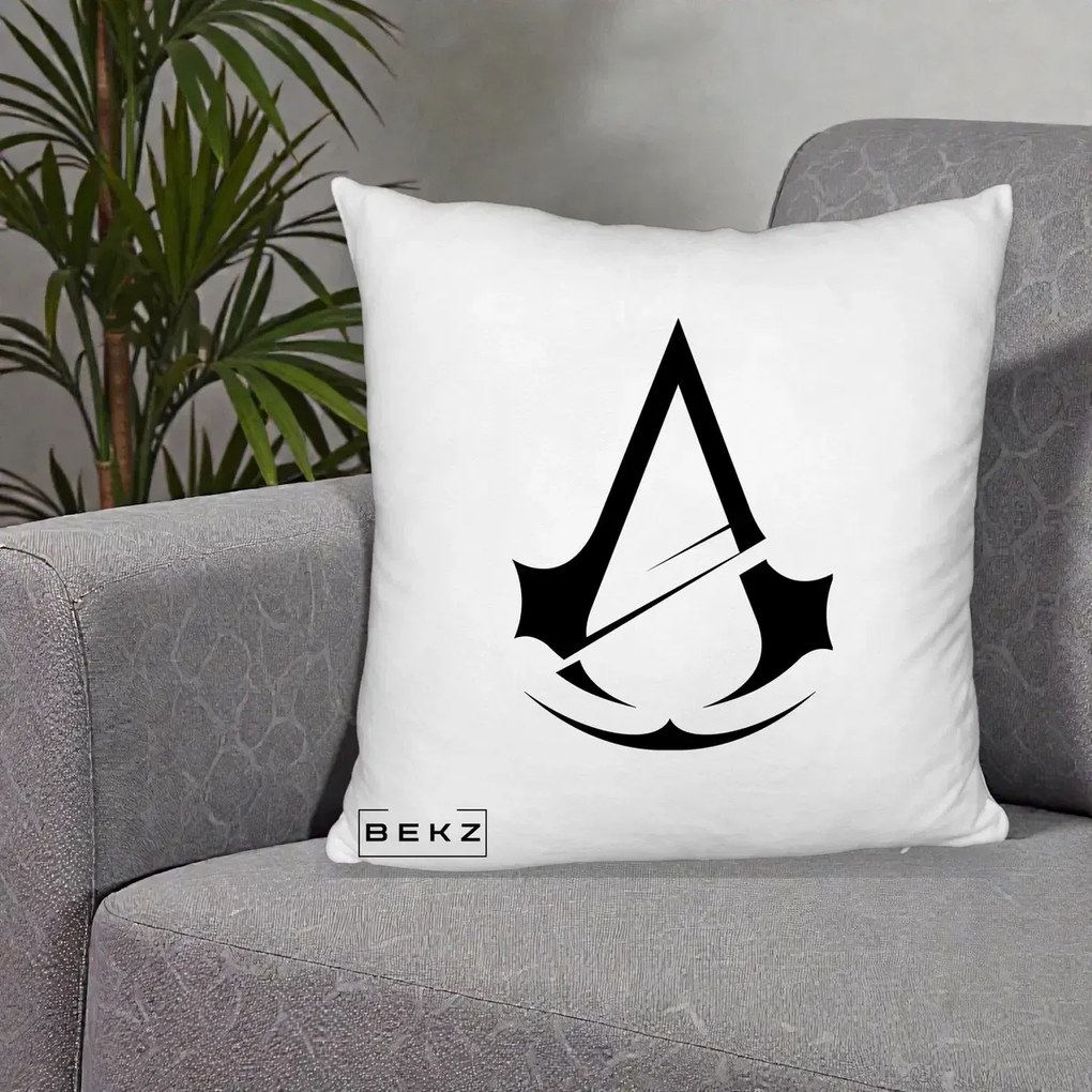 Perna Personalizata Assassin's Creed Minimalist, 40x40 cm, Alb Pufos, Husa Detasabila, Perna Inclusa, BEKZ®