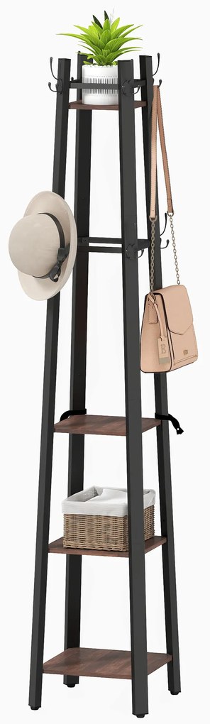 HOMCOM Suport pentru haine cu 4 nivele, stand pentru haine independent, 8 cârlige, 4 rafturi, stil industrial, metal, placă aglomerată, maro | Aosom Romania