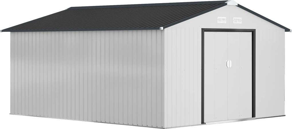 Outsunny Cobertizo de Jardín Exterior 12,4 m² 340x386x200 cm con Puerta Corredera Techo Inclinado y 4 Ventanas Blanco | Aosom Romania