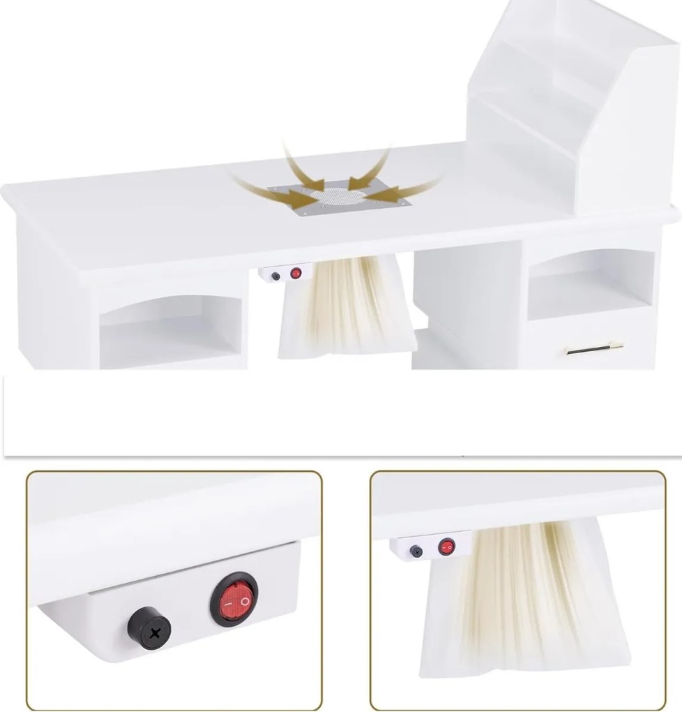 MANIA201 - Masuta manichiura, 120 cm, cu aspirator incorporat, masa cosmetica - Alba