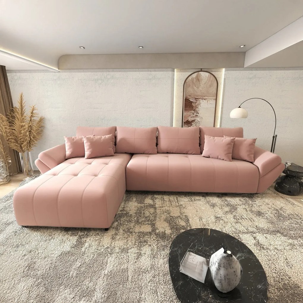 Colțar extensibil dumonde cu ladă de depozitare si sezut confortabil din spuma high-density, Berlin XL Royal Roz 350x185 cm