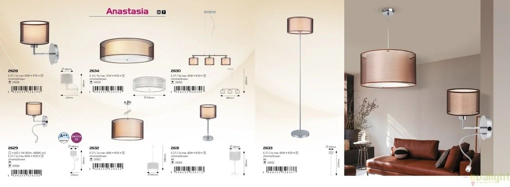 Aplica de perete cu reader LED design modern, finisaj crom/ maro, Anastasia 2629 RX