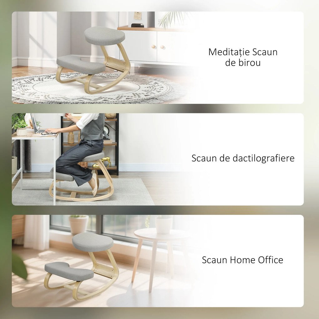 HOMCOM Scaun pentru genunchi cu balansare, din țesătură cu aspect de in și lemn, Gri | Aosom Romania