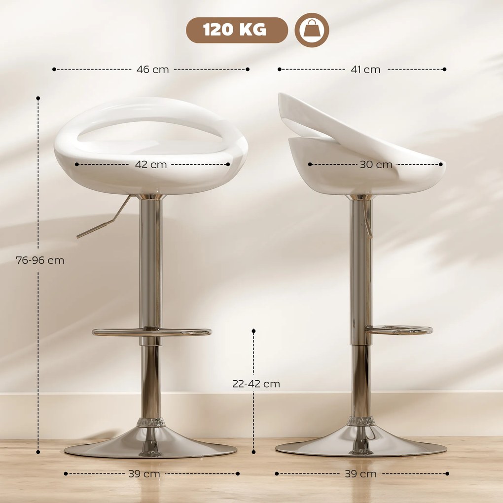 HOMCOM Set 2 Scaune de Bar Rotative cu Suport pentru Picioare și Înălțime Reglabilă, 46x41x76-96 cm, Alb | Aosom Romania