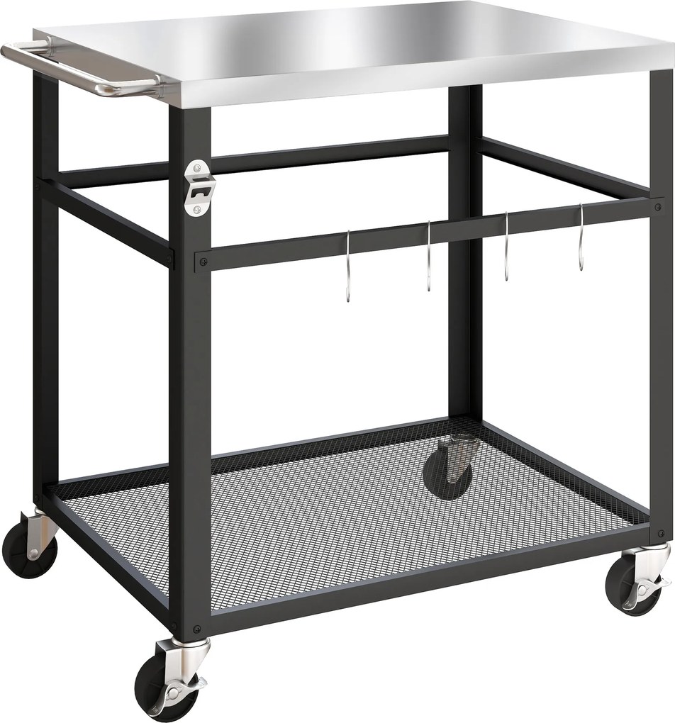 Outsunny Troller pentru Grătar de Exterior cu Blat din Oțel Inoxidabil, 4 Cârlige, Mâner și Roți Blocabile, Negru | Aosom Romania