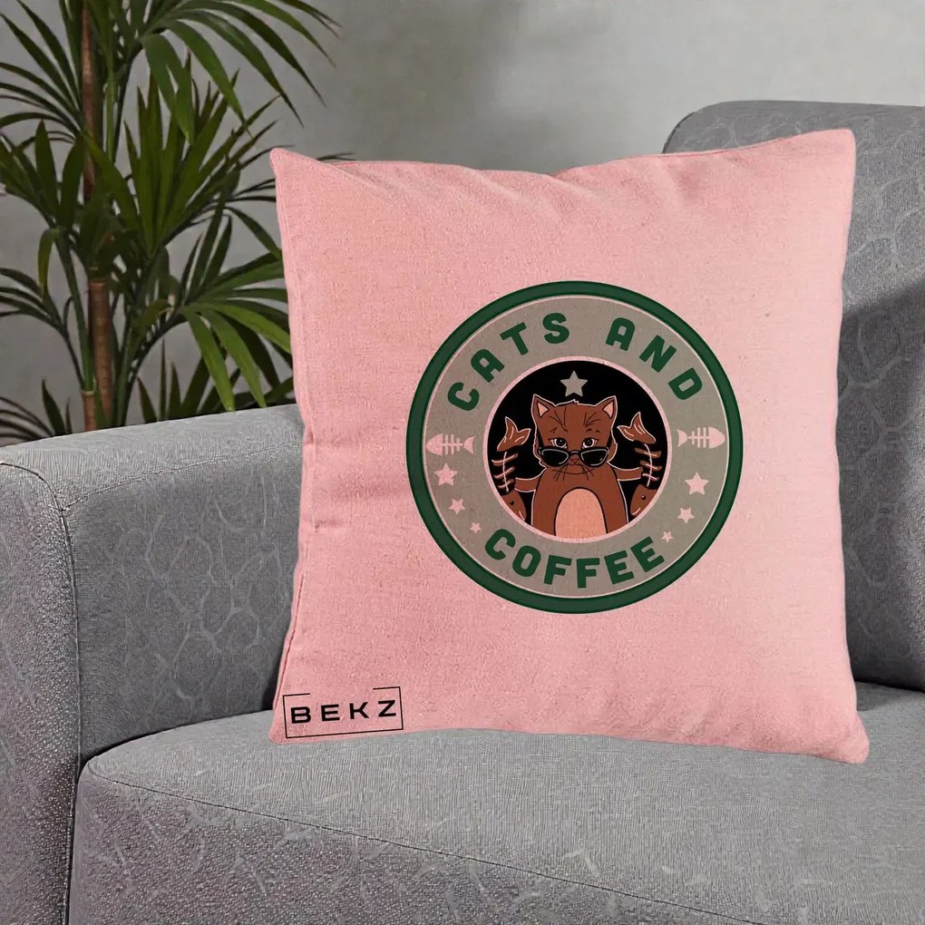 Perna Personalizata Cats and Coffee Starbucks, 40x40 cm, Roz, Husa Detasabila, Perna Inclusa, BEKZ®