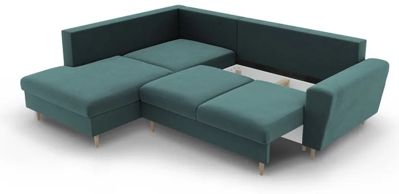 Colțar petrol extensibil, cu spațiu de depozitare cu tapițerie din catifea (cu colț pe partea stângă-în formă de ”L”) Kyoto – Cosmopolitan Design