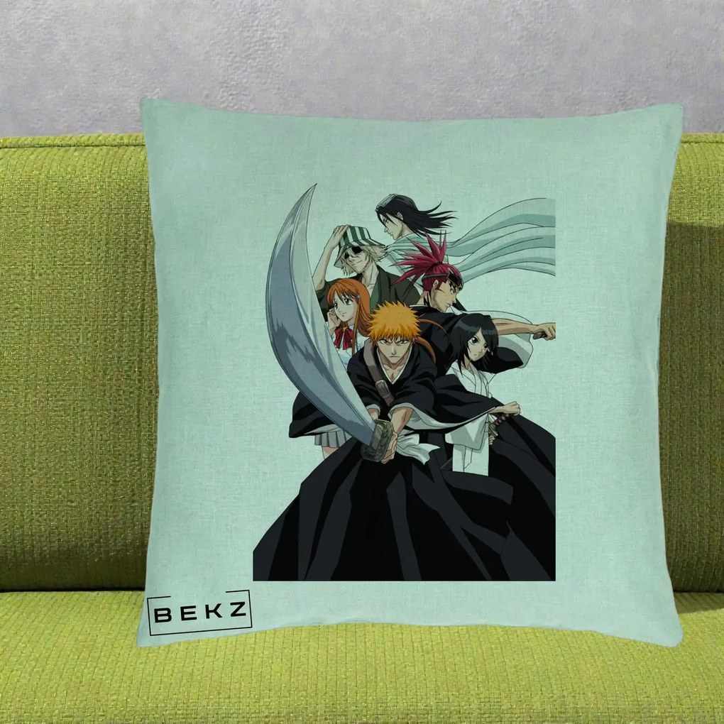 Perna Personalizata Bleach Grup Complet Ichigo si Prietenii, 40x40 cm, Verde Menta, Husa Detasabila, Perna Inclusa, BEKZ®