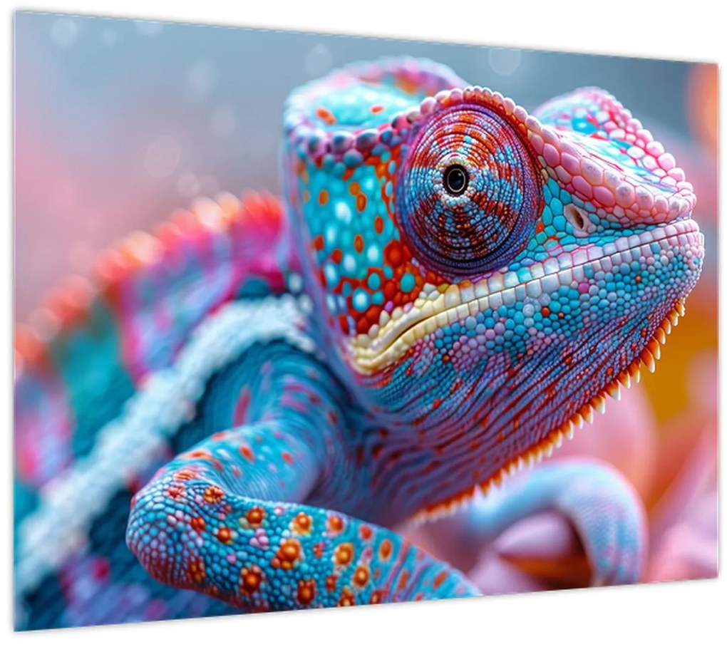 Tablou pe sticlă - Cameleon colorat (70x50 cm)