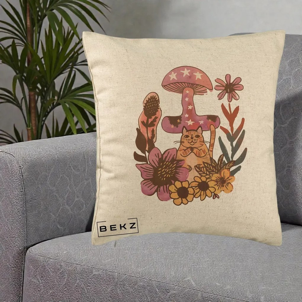 Perna Decorativa Ciuperca Pisica Boho, 40x40 cm, Bej, Husa Detasabila, Perna Inclusa, BEKZ®