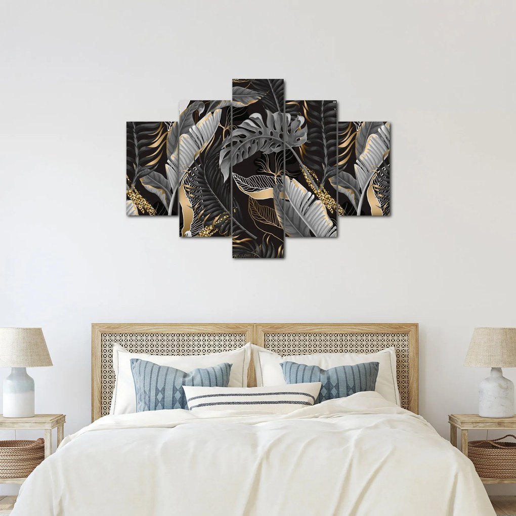 Tablou - Frunze tropicale, Galben - auriu (150x105 cm)