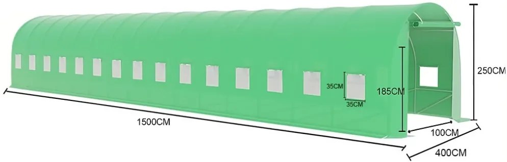 FOLIE solar de grădină, 4x15 m, 60 m², PE armată, rezistentă 180g/m2, cu filtru UV, impermeabila, ferestre rulante, Verde, GH415C,