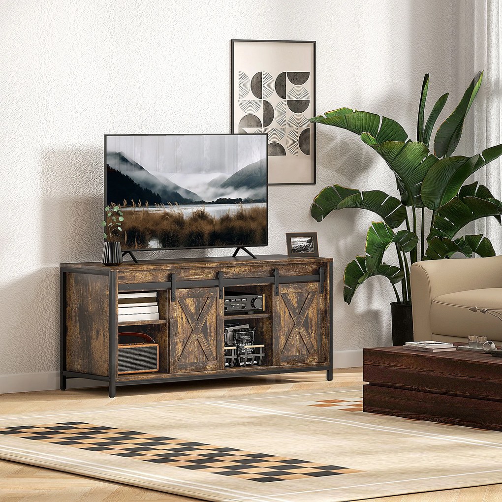HOMCOM Stand TV Lowboard, Design industrial, pentru televizoare de 60'', 6 rafturi, 2 uși glisante, Maro/Negru | Aosom Romania