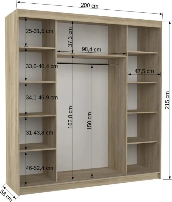 Dulap cu uși glisante DALMATIA – cu oglindă – 200x58x215 cm – Sonoma