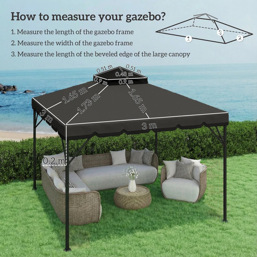 Outsunny Acoperiș de Rezervă pentru Pavilion 3x3 m de Grădină, Husă pentru Pavilion cu Două Nivele Rezistentă la Apă din Țesătură 180g/㎡ Anti-UV 30+ cu 8 Orificii de Drenaj, Gri | Aosom Romania