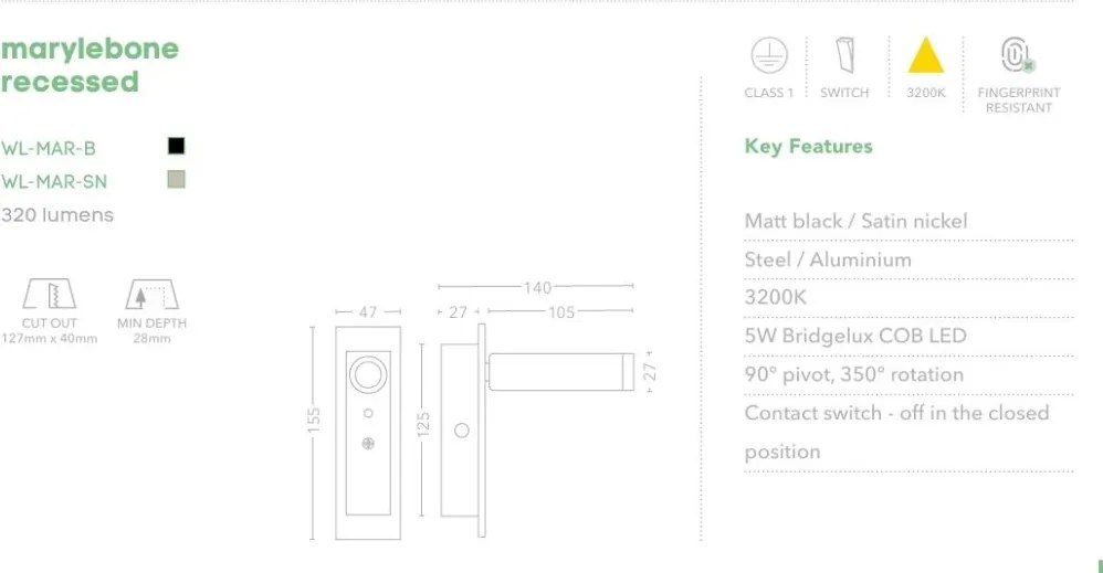 Aplica incastrabila cu spot LED directionabil Marylebone nickel