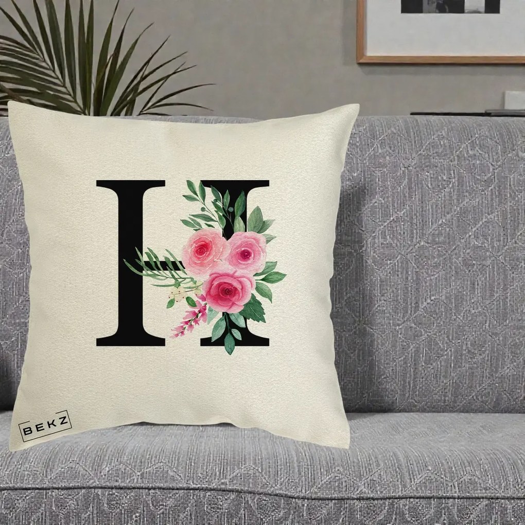 Cadou Personalizat - Perna Personalizata Monograma Florala Litera H cu Trandafiri Roz, 40x40 cm, Ecru, Husa Detasabila, Perna Inclusa, BEKZ®