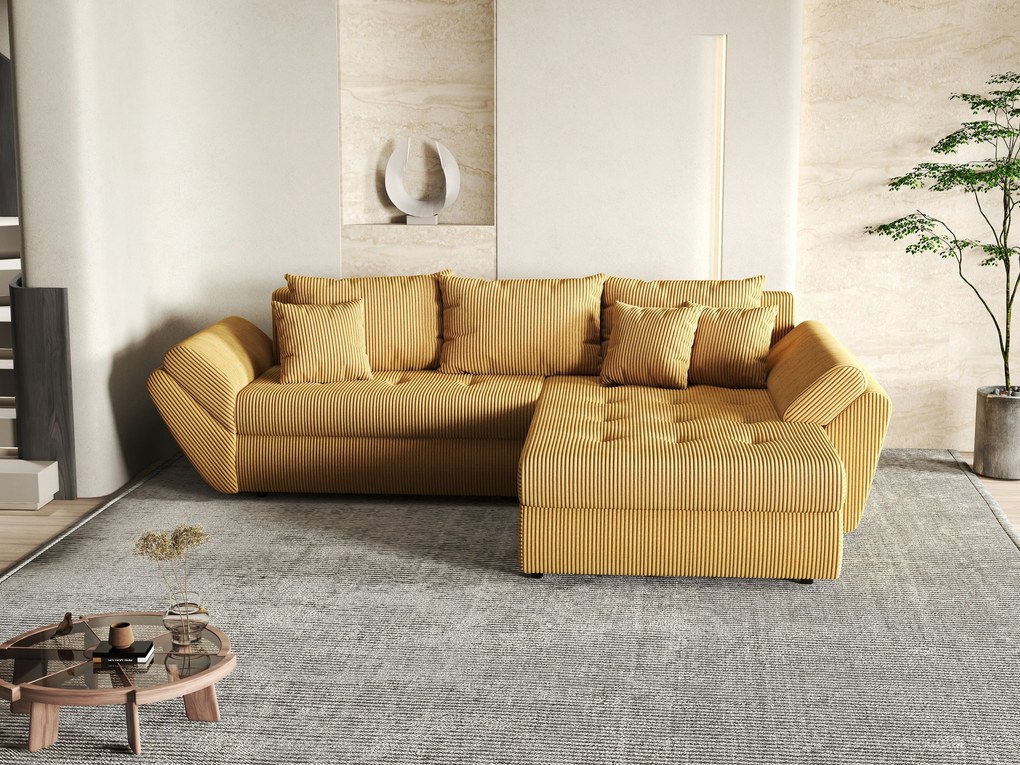 Colțar extensibil dumonde cu ladă de depozitare si sezut confortabil din spuma high-density, Loana Zoom Mustar II 270x185 cm