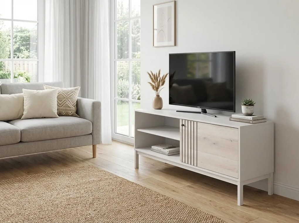 Comoda TV FROST 120x40 cm alb, decor stejar alpin