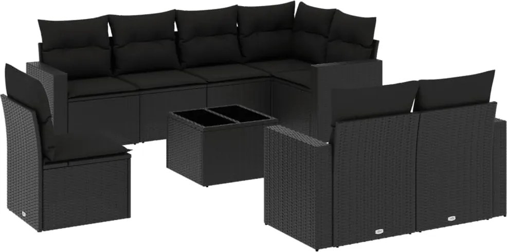 vidaXL Set mobilier de grădină cu perne, 9 piese, negru, poliratan