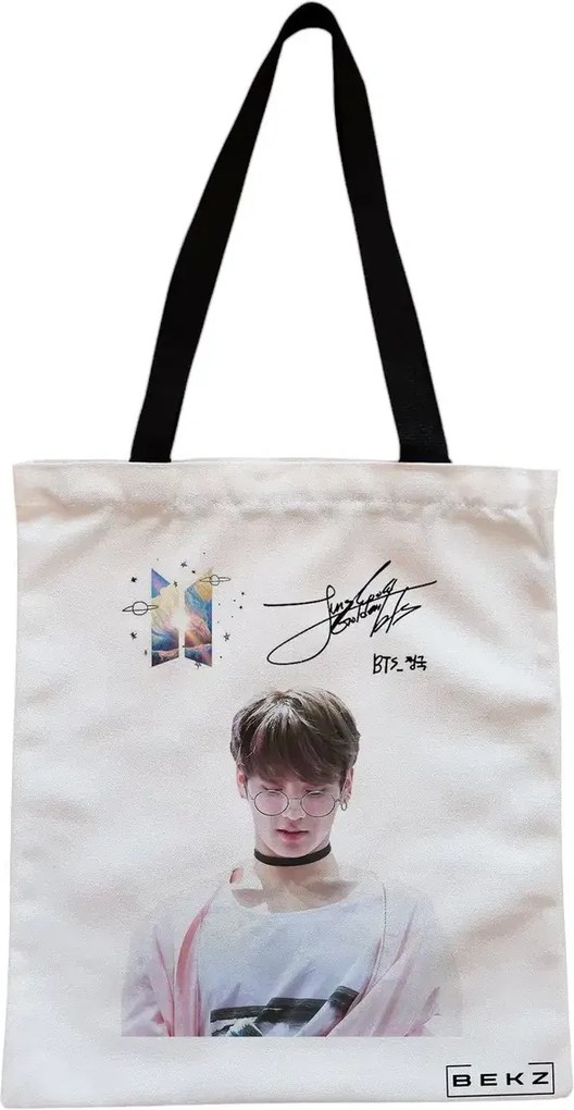 Sacosa de Panza pentru Cumparaturi, Geanta Tote, model BTS Jungkook 2, Cu fermoar, 38x34.5 cm, Alba, BEKZ®