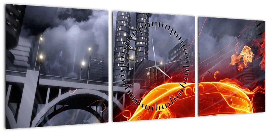 Tablou cu mașina în flăcărată (cu ceas) (90x30 cm)