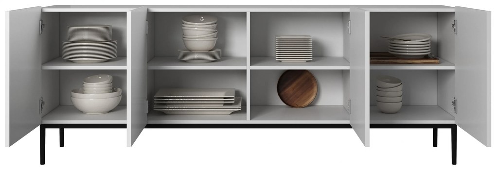 Comodă Nicole 200 cm cu patru uși, fronturi riflate - alb mat / picioare negre