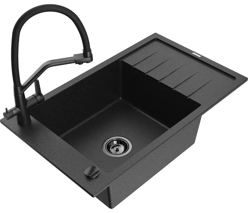 Mexen Elias chiuvetă de bucătărie din granit, 1 cuvă, cu scurgător și baterie de bucătărie Duo, negru/argintiu metalizat