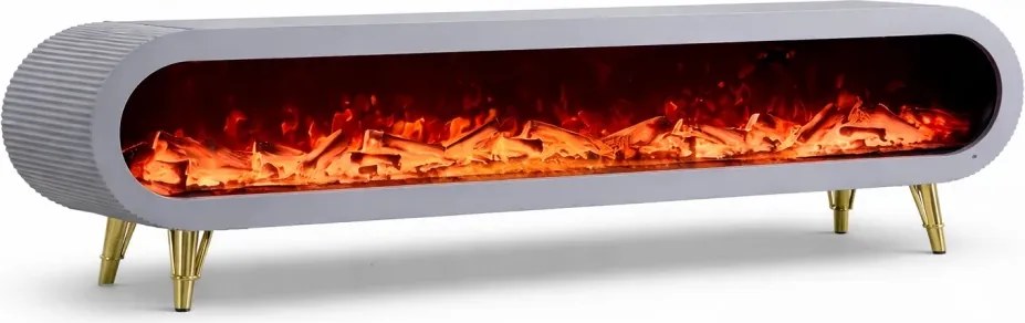 Șemineu electric cu efect LED realist, Comodă TV cu design oval, control vocal și telecomandă, fără încălzire, 180 cm, Gri