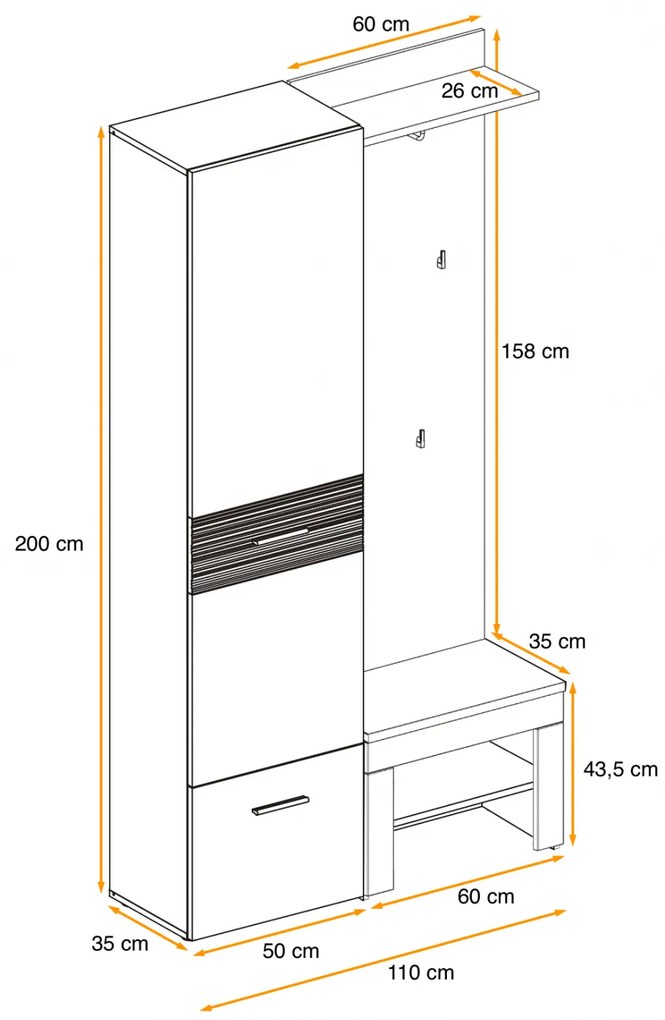 Hol Cuier, dulap cu pantofar si perna , stejar Well-alb lucios , 110 cm lungime x 200 inaltime x 35 cm adancime, Bortis