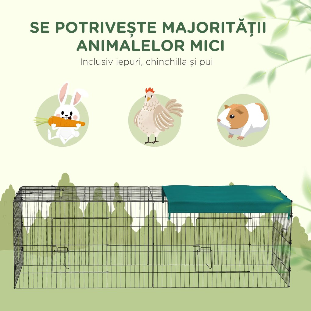 PawHut Tarc Exterior pentru Animale Mici, Spațiu pentru Pui, Iepuri, Chinchilla, cu Acoperiș, 220x85x70 cm, Verde | Aosom Romania