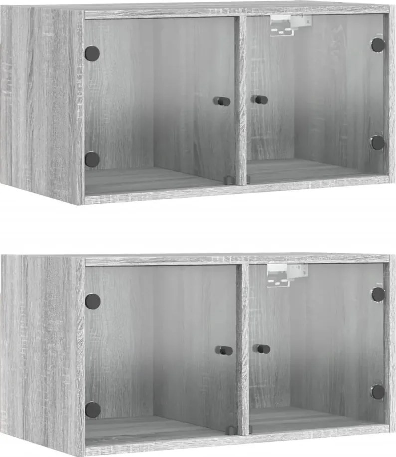 vidaXL Dulapuri de perete cu uși sticlă 2 buc. gri sonoma 68,5x37x35cm