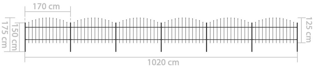 Gard de gradina cu varf sulita, negru, (1-1,25)x10,2 m otel 1, 100-125 cm, 10.2 m