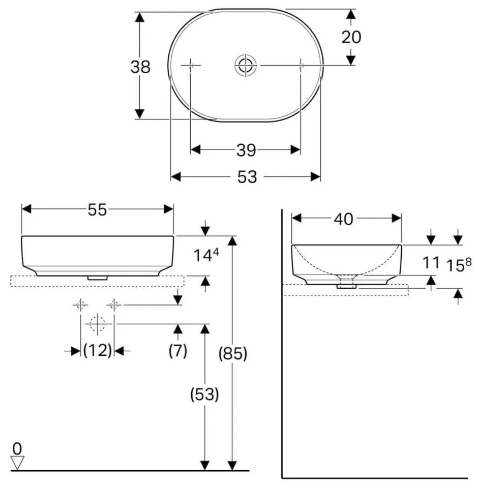 Lavoar baie pe blat alb 55 cm, oval, Geberit VariForm Eliptic