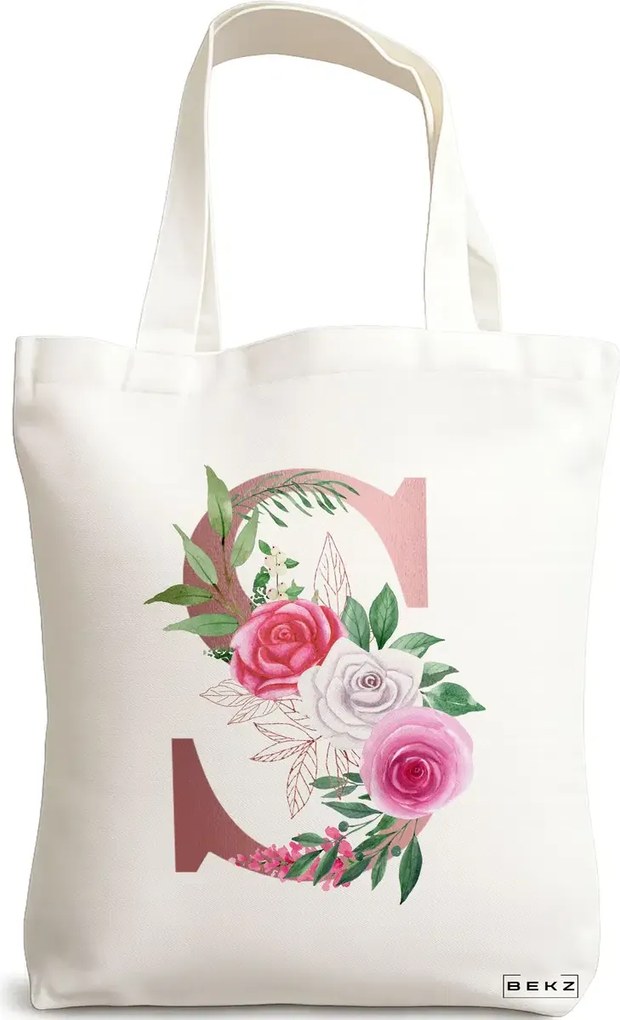 Sacosa de Panza pentru Cumparaturi, Geanta Tote, Cu litera S Rose Gold si Trandafiri, 38x34.5 cm, Alba, BEKZ®