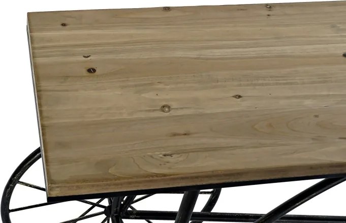Consolă hol vintage din metal și lemn, negru și natur, cu bază în formă de tricicletă, ghidon și roți cu spițe, 82 x 128 x 40 cm, „Bycicle”