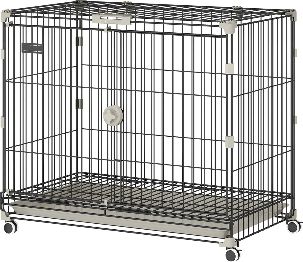 PawHut Cușcă pliabilă pentru câini, Tavă detașabilă, Roți cu frâne, Acoperiș rabatabil, Ușă de hrănire, 75,5x46x64,5cm, Negru | Aosom Romania