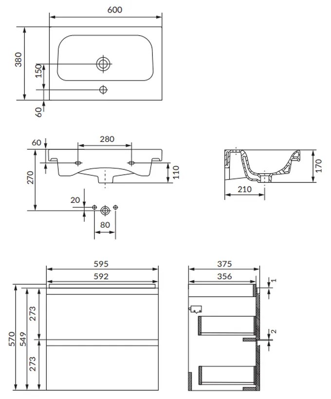 Set dulap baie suspendat 2 sertare cu lavoar inclus, 60 cm, antracit mat, Cersanit Moduo Slim 600x380 mm