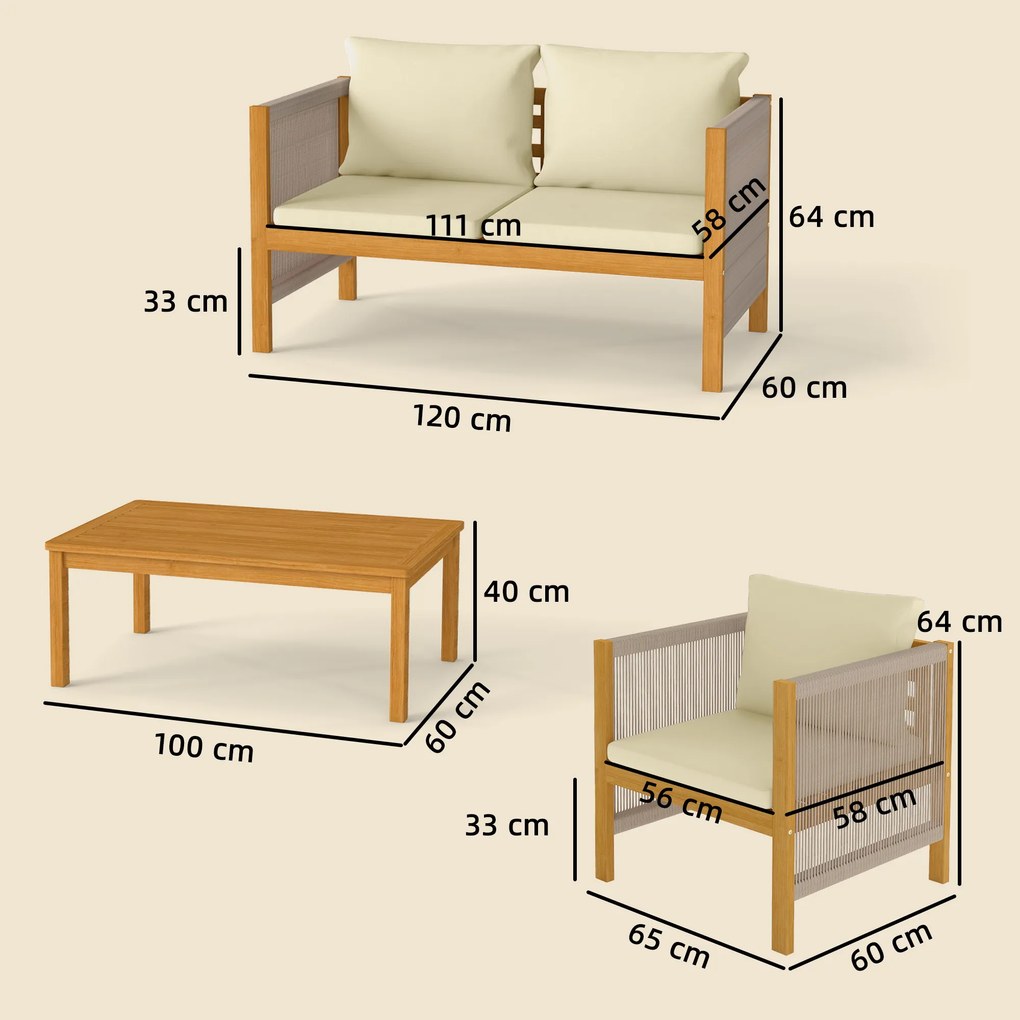 Outsunny Set mobilier de grădină din lemn pentru 4 persoane cu canapea 2 locuri, 2 fotolii, masă, împletitură din frânghie, design cu lamele, perne lavabile | Aosom Romania