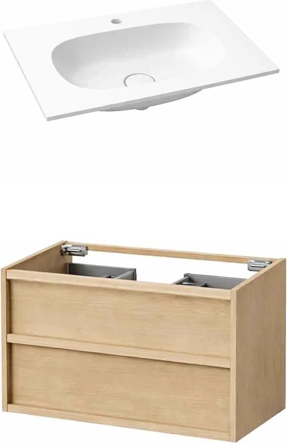 Set dulap baza suspendat KolpaSan Storia 2 sertare 90 cm finisaj acacia cu lavoar compozit Kerrock alb