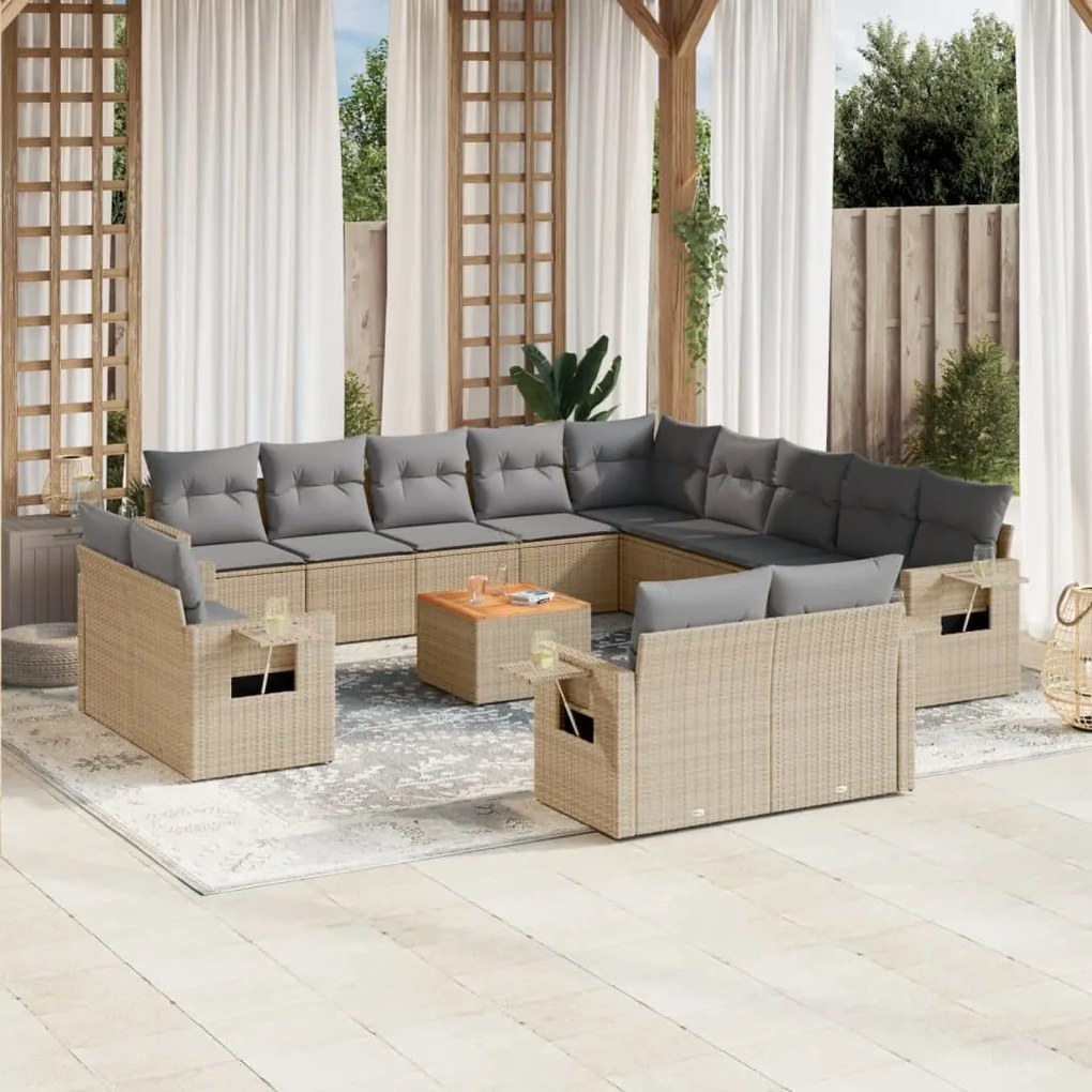 vidaXL Set canapele de grădină, 14 piese, cu perne, bej, poliratan