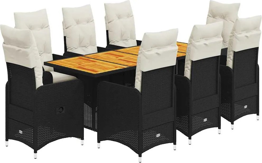 vidaXL Set bistro de grădină, 9 piese, cu perne, negru, poliratan